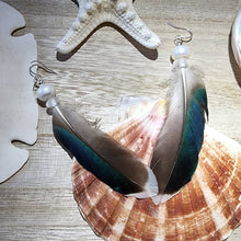 Load image into Gallery viewer, Earrings Gorgeous black white blue Jay feather seaglass freshwater white pearl & sterling silver bead hook drop dangle boho beach