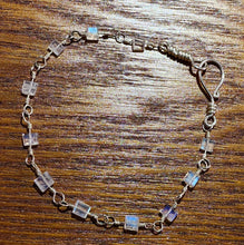 Load image into Gallery viewer, Bracelet Glowing Top Grade Rainbow Blue Flash Moonstone Cube Square Bead Sterling Silver Wire Wrap Station Bangle Artisanal Hook Clasp 7.75"