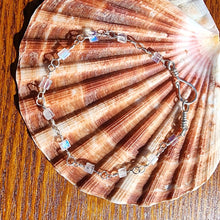 Load image into Gallery viewer, Bracelet Glowing Top Grade Rainbow Blue Flash Moonstone Cube Square Bead Sterling Silver Wire Wrap Station Bangle Artisanal Hook Clasp 7.75"