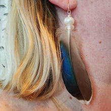 Load image into Gallery viewer, Earrings Gorgeous black white blue Jay feather seaglass freshwater white pearl & sterling silver bead hook drop dangle boho beach