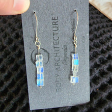 Load image into Gallery viewer, Earrings Glowing Dainty Blue Green Rainbow Moonstone Square Cube Sterling Silver Wire French Hook Dangly Drop Boho Beachy Handmade Unique