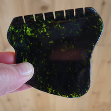 Load image into Gallery viewer, Unique A Grade Dark Green Canadian Nephrite Jade Guasha Gua Sha Massage Stone Wellness Tool with smooth tooth curl!