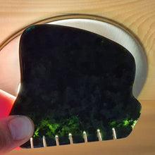 Load image into Gallery viewer, Unique A Grade Dark Green Canadian Nephrite Jade Guasha Gua Sha Massage Stone Wellness Tool with smooth tooth curl!