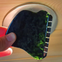 Load image into Gallery viewer, Unique A Grade Dark Green Canadian Nephrite Jade Guasha Gua Sha Massage Stone Wellness Tool with smooth tooth curl!