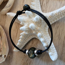 Load image into Gallery viewer, Huge hand carved labradorite bead bracelet bangle sterling silver black natural dyed leather beautiful Tahitian pearl clasp boho beach