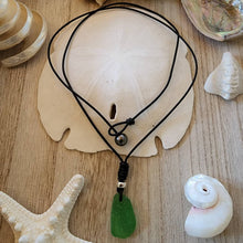 Load image into Gallery viewer, Beautiful deep green natural seaglass sea glass necklace large sterling silver bead supple black natural leather tahitian pearl clasp boho