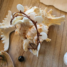 Load image into Gallery viewer, Dainty Mother of Pearl Disks, Soft Natural Leather & Large Black Tahitian Pearl Clasp Triple Wrap Bracelet / Necklace Boho Beach