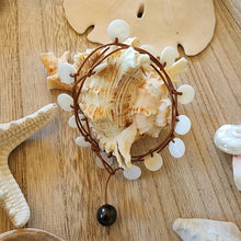 Load image into Gallery viewer, Dainty Mother of Pearl Disks, Soft Natural Leather & Large Black Tahitian Pearl Clasp Triple Wrap Bracelet / Necklace Boho Beach