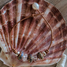 Load image into Gallery viewer, Bracelet Mood Flower, Seaglass Sea Glass Big Sterling Silver Bead Stackable Bangle Leather White Freshwater Pearl Clasp Boho Beach 7.25"