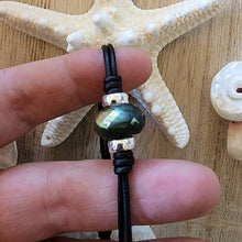 Load image into Gallery viewer, Huge hand carved labradorite bead bracelet bangle sterling silver black natural dyed leather beautiful Tahitian pearl clasp boho beach