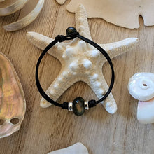 Load image into Gallery viewer, Huge hand carved labradorite bead bracelet bangle sterling silver black natural dyed leather beautiful Tahitian pearl clasp boho beach