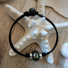 Load image into Gallery viewer, Huge hand carved labradorite bead bracelet bangle sterling silver black natural dyed leather beautiful Tahitian pearl clasp boho beach