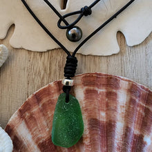 Load image into Gallery viewer, Beautiful deep green natural seaglass sea glass necklace large sterling silver bead supple black natural leather tahitian pearl clasp boho