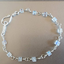 Load image into Gallery viewer, Glowing Top Grade Rainbow Blue Flash Moonstone Cube Square Bead Sterling Silver Wire Wrap Station Bangle Bracelet Artisanal Hook Clasp 7.75"