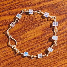 Load image into Gallery viewer, Solid 10k Yellow Gold Sparkling Rainbow Blue Flash Moonstone Gem Cube Square Bead Wire Station Bangle Bracelet Artisanal Hook Clasp 7" Boho