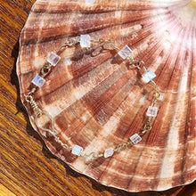 Load image into Gallery viewer, Solid 10k Yellow Gold Sparkling Rainbow Blue Flash Moonstone Gem Cube Square Bead Wire Station Bangle Bracelet Artisanal Hook Clasp 7" Boho