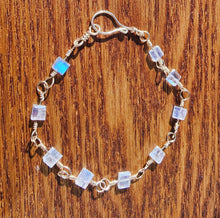 Load image into Gallery viewer, Solid 10k Yellow Gold Sparkling Rainbow Blue Flash Moonstone Gem Cube Square Bead Wire Station Bangle Bracelet Artisanal Hook Clasp 7" Boho