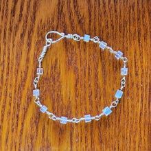 Load image into Gallery viewer, Glowing Top Grade Rainbow Blue Flash Moonstone Cube Square Bead Sterling Silver Wire Wrap Station Bangle Bracelet Artisanal Hook Clasp 7.75"