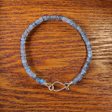 Load image into Gallery viewer, Solid 14k Yellow Gold & Glowing Blue Rainbow Fire Labradorite Smooth Rondelle Artisanal Wire Clasp Bangle Bracelet Stacking Boho Beach Fairy