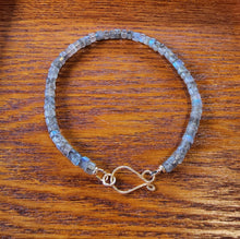 Load image into Gallery viewer, Solid 14k Yellow Gold & Glowing Blue Rainbow Fire Labradorite Smooth Rondelle Artisanal Wire Clasp Bangle Bracelet Stacking Boho Beach Fairy