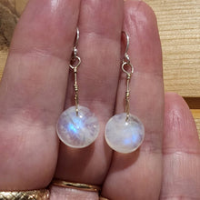 Load image into Gallery viewer, Beautiful Dainty Blue Rainbow Moonstone Round Cabochon Sterling Silver Wire French Hook Dangly Drop Earrings Boho Beachy Handmade Unique