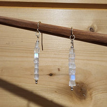 Load image into Gallery viewer, Glowing Dainty Blue Green Rainbow Moonstone Square Cube Sterling Silver Wire French Hook Dangly Drop Earrings Boho Beachy Handmade Unique