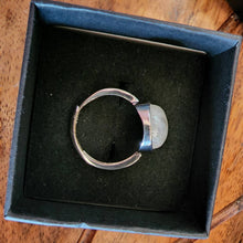 Load image into Gallery viewer, Adjustable Glowing Large Round Blue Fire Rainbow White Moonstone Gemstone Cabochon Ring Mens Womans Unisex Sizes 6 7 8 9