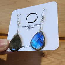 Load image into Gallery viewer, Earrings Unique teardrop blue purple flash rainbow fire smooth labradorite cabochon artisanal sterling silver hook drop dangle boho beachy