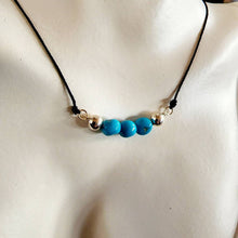 Load image into Gallery viewer, Black natural silk sterling silver robins egg sky blue untreated polished genuine Sleeping Beauty turquoise nugget bead bar necklace pendant