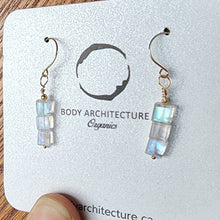 Load image into Gallery viewer, Solid 14k Yellow Gold Glowing Dainty Blue Green Top Grade Rainbow Moonstone Cube Square Wire French Hook Drop Earrings Boho Beach Fairy