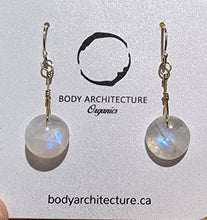 Load image into Gallery viewer, Beautiful Dainty Blue Rainbow Moonstone Round Cabochon Sterling Silver Wire French Hook Dangly Drop Earrings Boho Beachy Handmade Unique