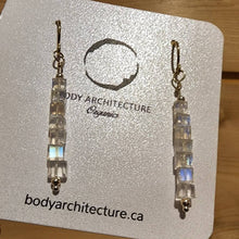 Load image into Gallery viewer, Glowing Dainty Blue Green Rainbow Moonstone Square Cube Sterling Silver Wire French Hook Dangly Drop Earrings Boho Beachy Handmade Unique