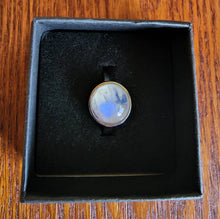 Load image into Gallery viewer, Adjustable Glowing Large Round Blue Fire Rainbow White Moonstone Gemstone Cabochon Ring Mens Womans Unisex Sizes 6 7 8 9