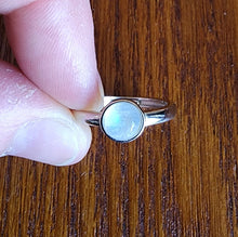 Load image into Gallery viewer, Adjustable Glowing Small Round Blue Fire Rainbow White Moonstone Gemstone Cabochon Ring Mens Womans Unisex Sizes 6 7 8 9