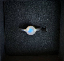 Load image into Gallery viewer, Adjustable Glowing Small Round Blue Fire Rainbow White Moonstone Gemstone Cabochon Ring Mens Womans Unisex Sizes 6 7 8 9