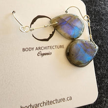 Load image into Gallery viewer, Earrings Unique teardrop blue purple flash rainbow fire smooth labradorite cabochon artisanal sterling silver hook drop dangle boho beachy