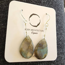 Load image into Gallery viewer, Earrings Unique teardrop blue purple flash rainbow fire smooth labradorite cabochon artisanal sterling silver hook drop dangle boho beachy