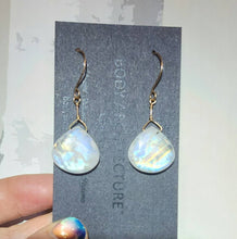 Load image into Gallery viewer, Solid 14k Yellow Gold Moonstone Earrings Glowing Blue Fire Rainbow Teardrop Smooth Cabochon Bead Wire Artisanal Hook Drop Fairy Dainty Boho