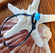 Load image into Gallery viewer, 14k Solid Yellow Gold Ring with Large Hand Carved Sleeping Beauty Turquoise Bead Closure Bracelet Bangle Genuine Black Natural Leather Cord