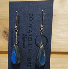 Load image into Gallery viewer, Solid 14k Yellow Gold Glowing Blue Green Tear Rain Drop Rainbow Top Grade Labradorite Cabochon Bead Wire Artisanal Hook Earrings Boho Fairy