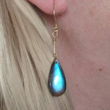 Load image into Gallery viewer, Solid 14k Yellow Gold Glowing Blue Green Tear Rain Drop Rainbow Top Grade Labradorite Cabochon Bead Wire Artisanal Hook Earrings Boho Fairy