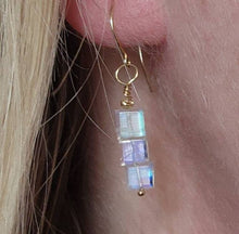 Load image into Gallery viewer, Solid 14k Yellow Gold Glowing Dainty Blue Green Top Grade Rainbow Moonstone Cube Square Wire French Hook Drop Earrings Boho Beach Fairy