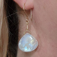 Load image into Gallery viewer, Solid 14k Yellow Gold Moonstone Earrings Glowing Blue Fire Rainbow Teardrop Smooth Cabochon Bead Wire Artisanal Hook Drop Fairy Dainty Boho