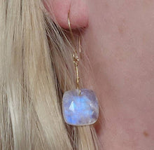 Load image into Gallery viewer, Solid 14k Yellow Gold Moonstone Earrings Glowing Blue Fire Rainbow Square Faceted Cabochon Bead Wire Artisanal Hook Drop Fairy Dainty Boho