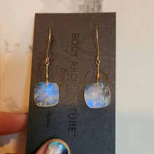 Load image into Gallery viewer, Solid 14k Yellow Gold Moonstone Earrings Glowing Blue Fire Rainbow Square Faceted Cabochon Bead Wire Artisanal Hook Drop Fairy Dainty Boho