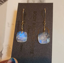 Load image into Gallery viewer, Solid 14k Yellow Gold Moonstone Earrings Glowing Blue Fire Rainbow Square Faceted Cabochon Bead Wire Artisanal Hook Drop Fairy Dainty Boho