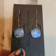 Load image into Gallery viewer, Solid 14k Yellow Gold Glowing Blue Fire Rainbow Square Faceted Moonstone Cabochon Bead Wire Artisanal Hook Drop Earrings Fairy Dainty Boho