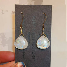 Load image into Gallery viewer, Solid 14k Yellow Gold Moonstone Earrings Glowing Blue Fire Rainbow Teardrop Smooth Cabochon Bead Wire Artisanal Hook Drop Fairy Dainty Boho