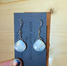 Load image into Gallery viewer, Solid 14k Yellow Gold Moonstone Earrings Glowing Blue Fire Rainbow Teardrop Smooth Cabochon Bead Wire Artisanal Hook Drop Fairy Dainty Boho
