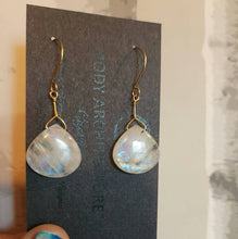 Load image into Gallery viewer, Solid 14k Yellow Gold Moonstone Earrings Glowing Blue Fire Rainbow Teardrop Smooth Cabochon Bead Wire Artisanal Hook Drop Fairy Dainty Boho